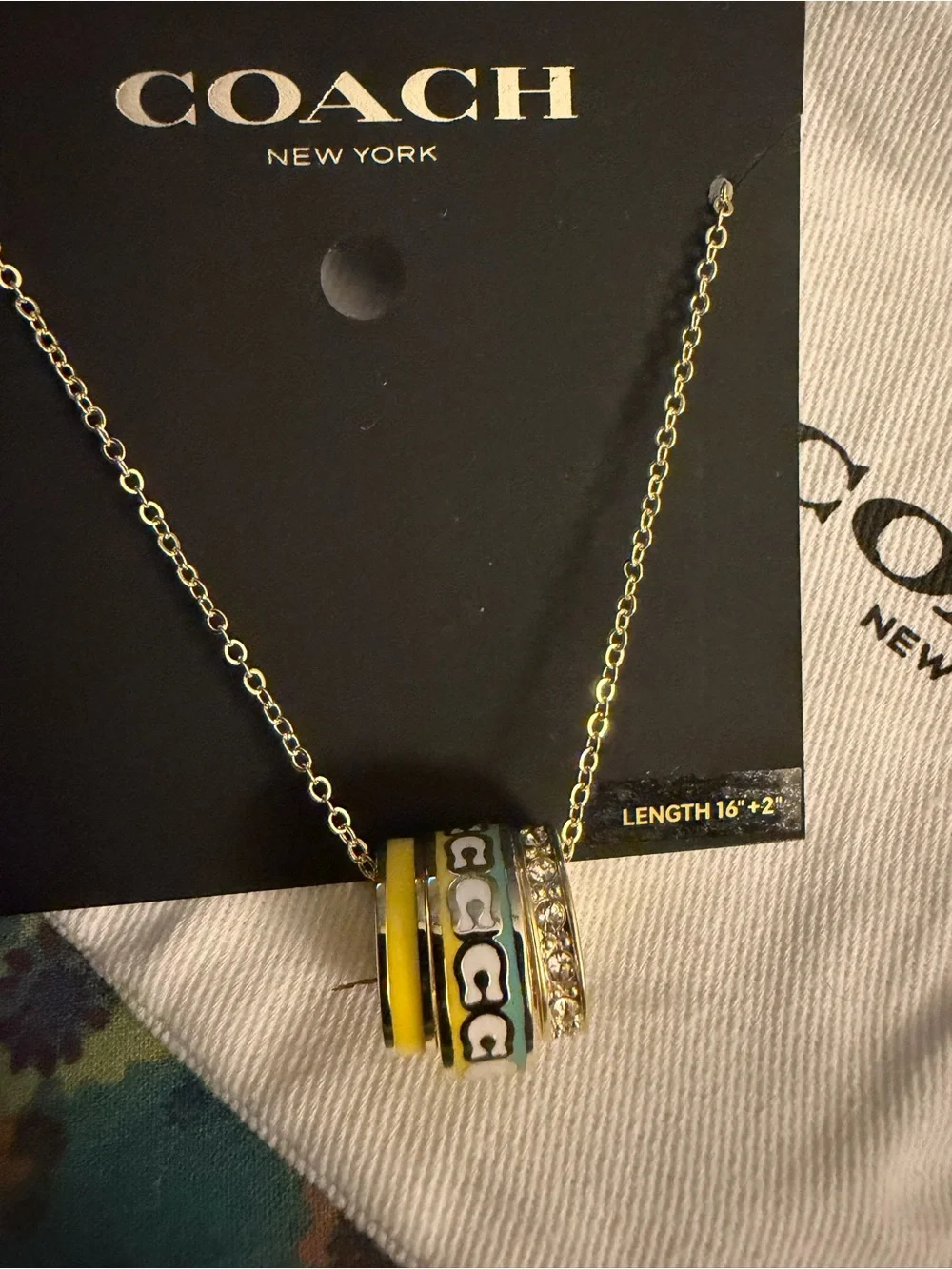 COACH Gold-Tone Yellow and Green Enamel Ring Pendant Necklace